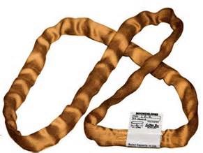 Tan polyester round sling rated 12,000 lbs