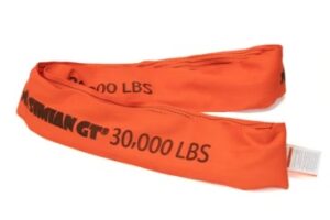 Orange polyester round sling rated 30,000 lbs