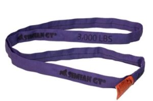 Purple polyester round sling rated 3,000 lbs