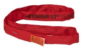 Red polyester round sling rated 15,000 lbs